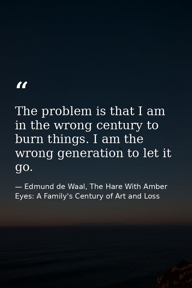 The problem is that I am in the wrong century to burn things. I am the wrong generation to let it go. — Edmund de Waal, The Hare With Amber Eyes: A Family's Century of Art and Loss