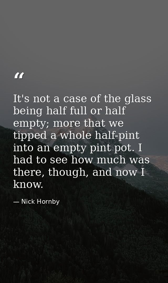 It's not a case of the glass being half full or half empty; more that we tipped a whole half-pint into an empty pint pot — Nick Hornby