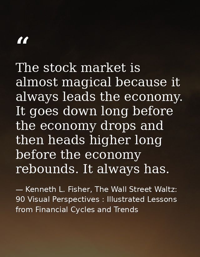The stock market is almost magical because it always leads the economy. It goes down long before the economy drops and t — Kenneth L. Fisher, The Wall Street Waltz: 90 Visual Perspectives : Illustrated Lessons from Financial Cycles and Trends