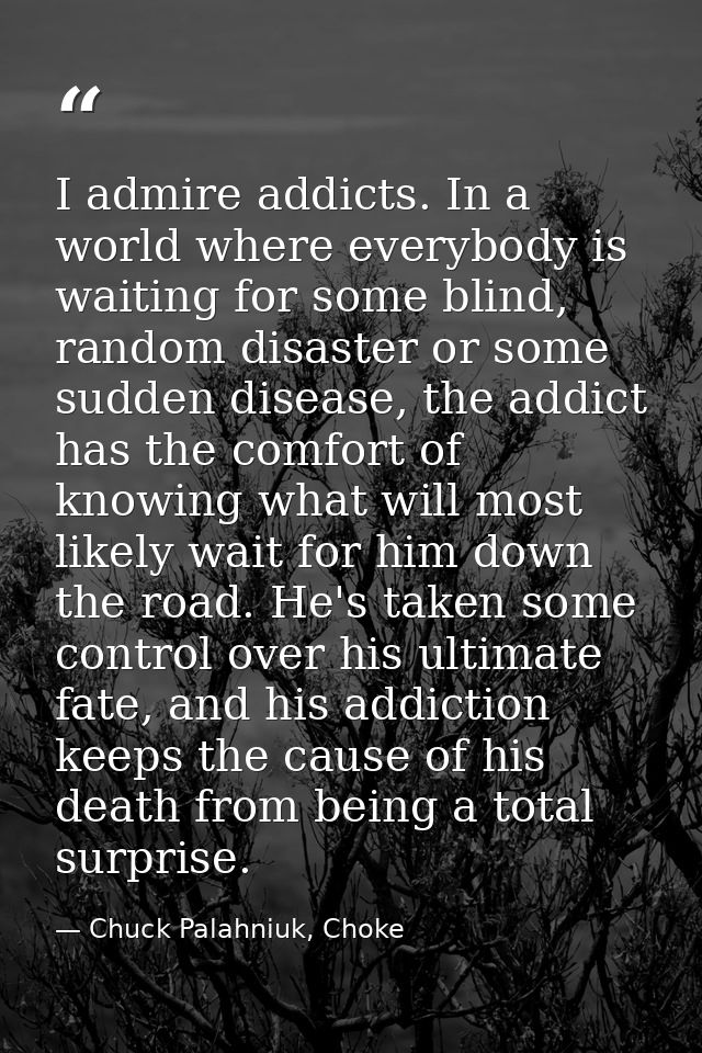 I admire addicts. In a world where everybody is waiting for some blind, random disaster or some sudden disease, the addi — Chuck Palahniuk, Choke