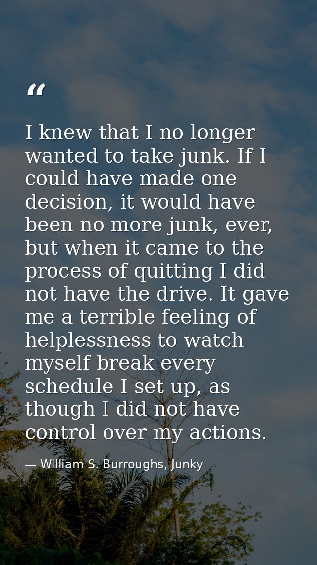 I knew that I no longer wanted to take junk. If I could have made one decision, it would have been no more junk, ever, b — William S. Burroughs, Junky