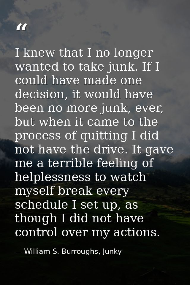 I knew that I no longer wanted to take junk. If I could have made one decision, it would have been no more junk, ever, b — William S. Burroughs, Junky