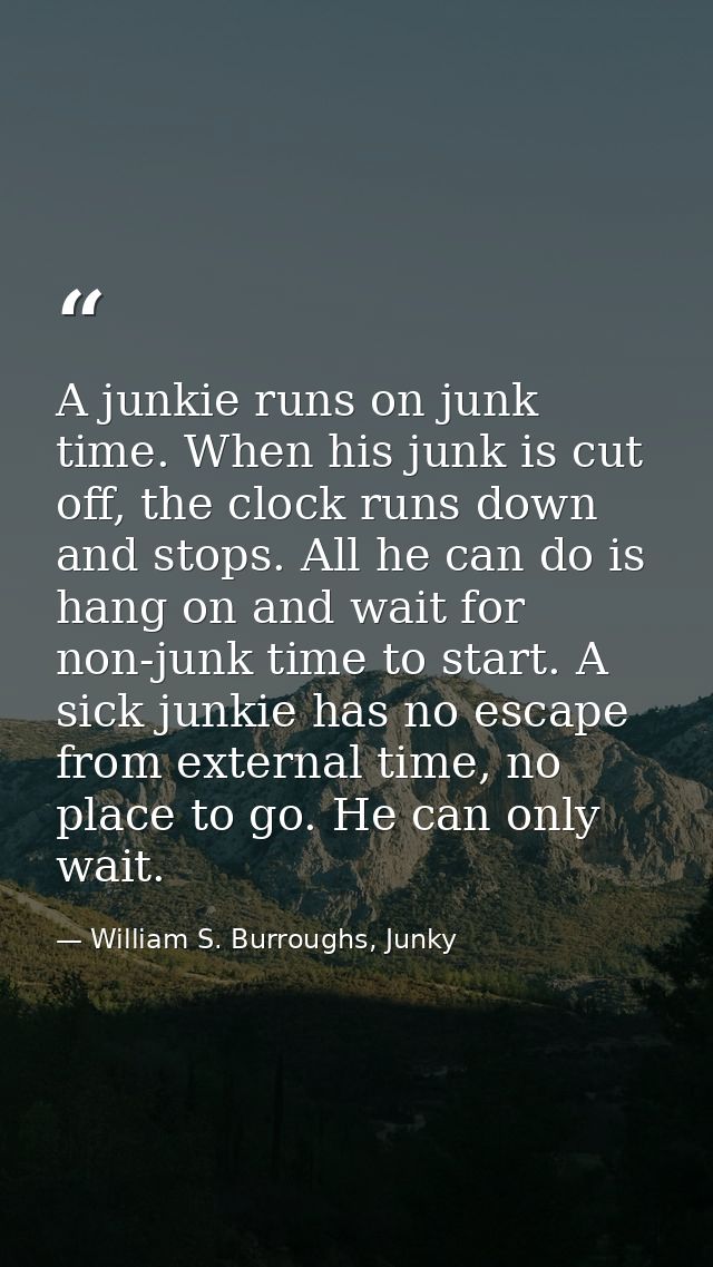 A junkie runs on junk time. When his junk is cut off, the clock runs down and stops. All he can do is hang on and wait f — William S. Burroughs, Junky