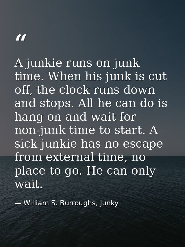 A junkie runs on junk time. When his junk is cut off, the clock runs down and stops. All he can do is hang on and wait f — William S. Burroughs, Junky