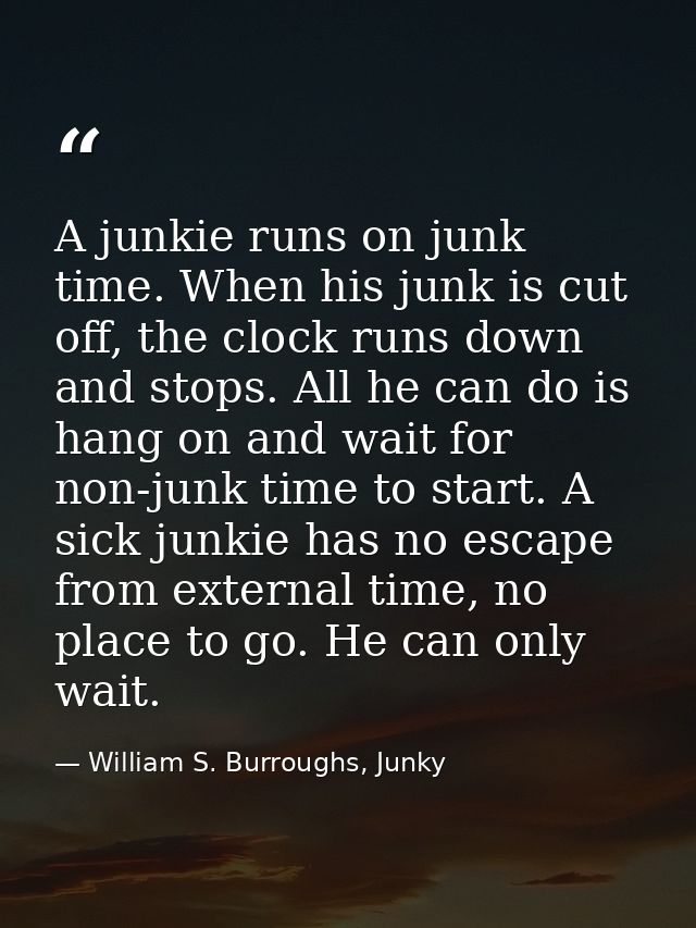 A junkie runs on junk time. When his junk is cut off, the clock runs down and stops. All he can do is hang on and wait f — William S. Burroughs, Junky