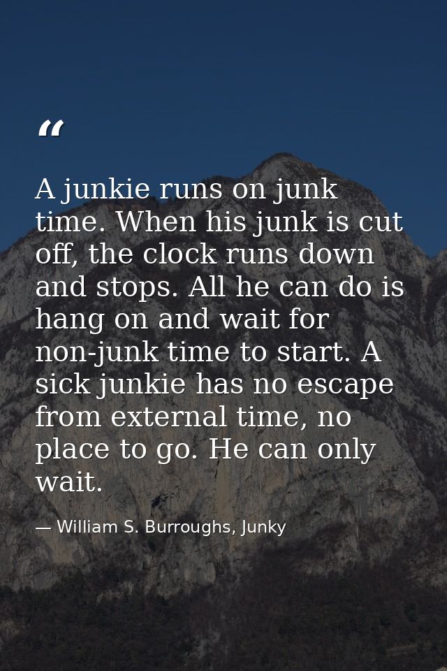 A junkie runs on junk time. When his junk is cut off, the clock runs down and stops. All he can do is hang on and wait f — William S. Burroughs, Junky