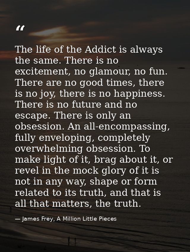 The life of the Addict is always the same. There is no excitement, no glamour, no fun. There are no good times, there is — James Frey, A Million Little Pieces