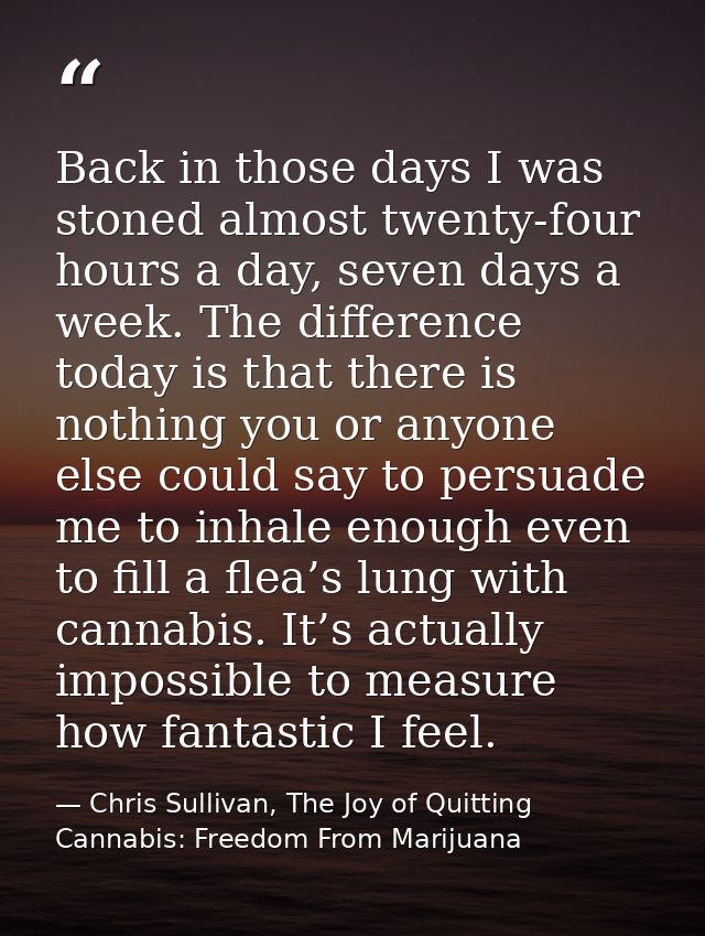 Back in those days I was stoned almost twenty-four hours a day, seven days a week. The difference today is that there is — Chris Sullivan, The Joy of Quitting Cannabis: Freedom From Marijuana