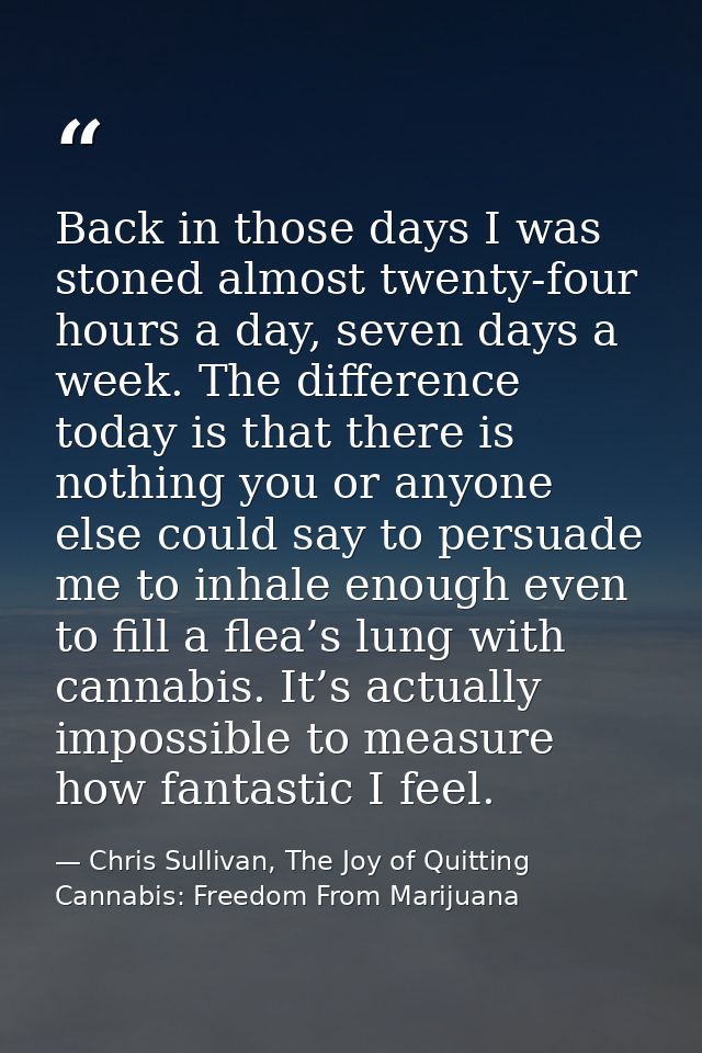Back in those days I was stoned almost twenty-four hours a day, seven days a week. The difference today is that there is — Chris Sullivan, The Joy of Quitting Cannabis: Freedom From Marijuana