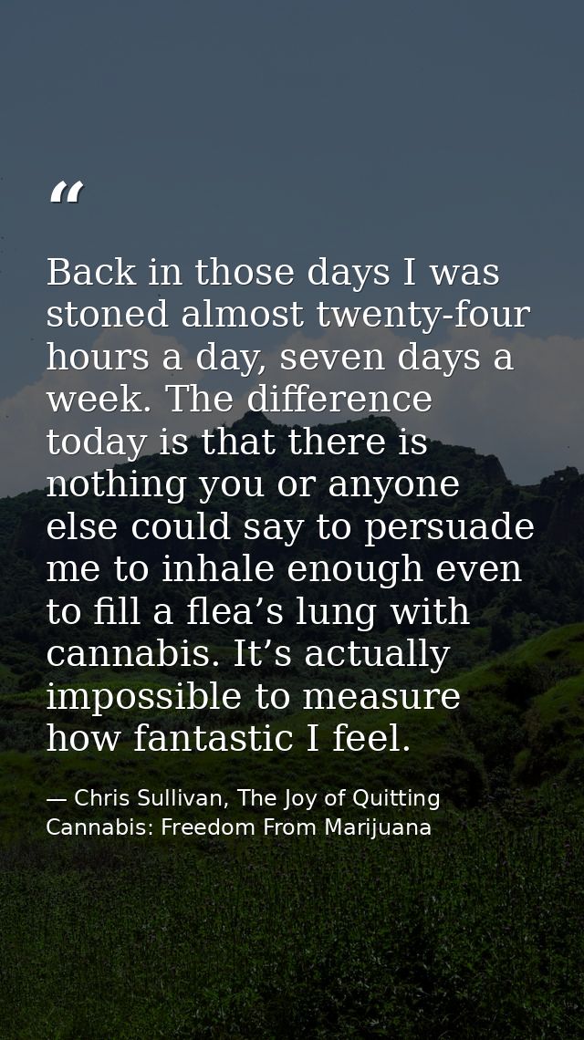 Back in those days I was stoned almost twenty-four hours a day, seven days a week. The difference today is that there is — Chris Sullivan, The Joy of Quitting Cannabis: Freedom From Marijuana
