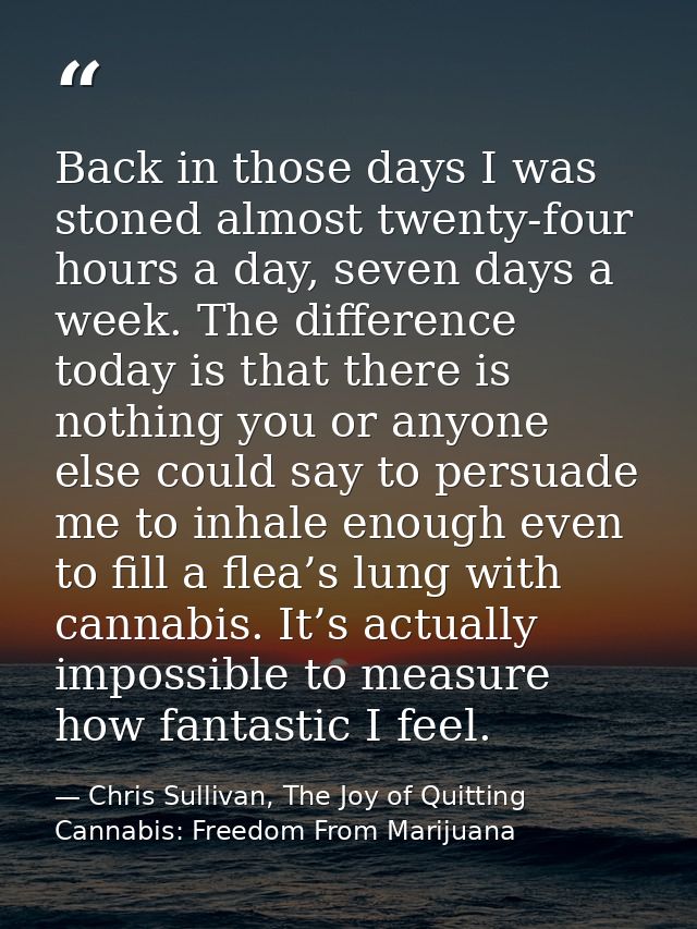 Back in those days I was stoned almost twenty-four hours a day, seven days a week. The difference today is that there is — Chris Sullivan, The Joy of Quitting Cannabis: Freedom From Marijuana