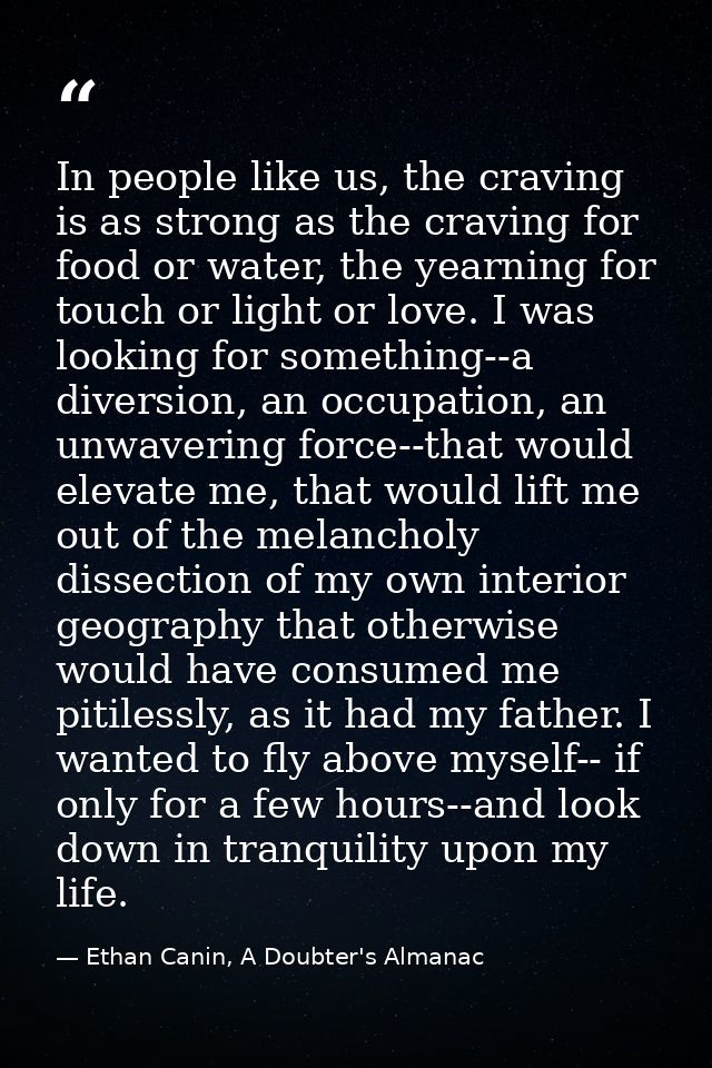 In people like us, the craving is as strong as the craving for food or water, the yearning for touch or light or love. I — Ethan Canin, A Doubter's Almanac