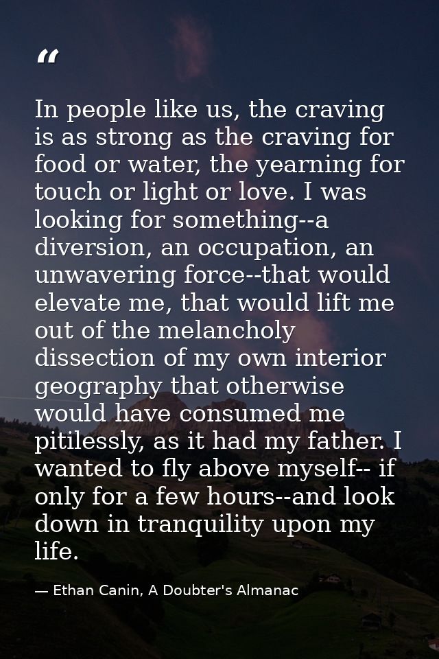 In people like us, the craving is as strong as the craving for food or water, the yearning for touch or light or love. I — Ethan Canin, A Doubter's Almanac