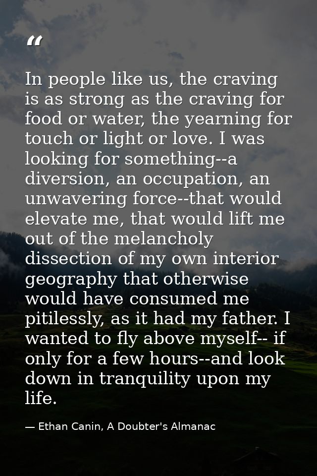 In people like us, the craving is as strong as the craving for food or water, the yearning for touch or light or love. I — Ethan Canin, A Doubter's Almanac