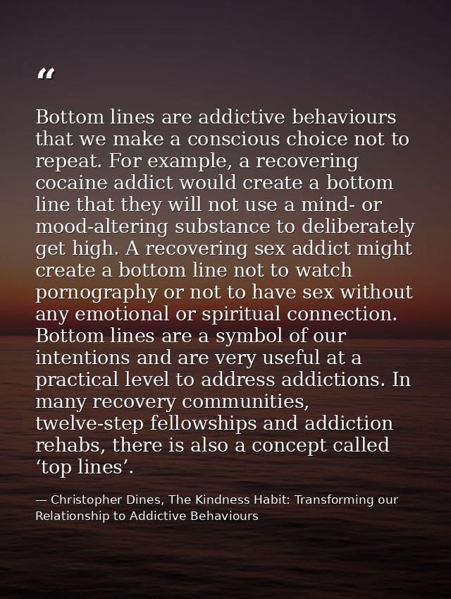 Bottom lines are addictive behaviours that we make a conscious choice not to repeat. For example, a recovering cocaine a — Christopher Dines, The Kindness Habit: Transforming our Relationship to Addictive Behaviours