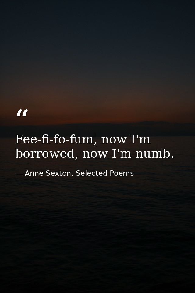 Fee-fi-fo-fum, now I'm borrowed, now I'm numb. — Anne Sexton, Selected Poems