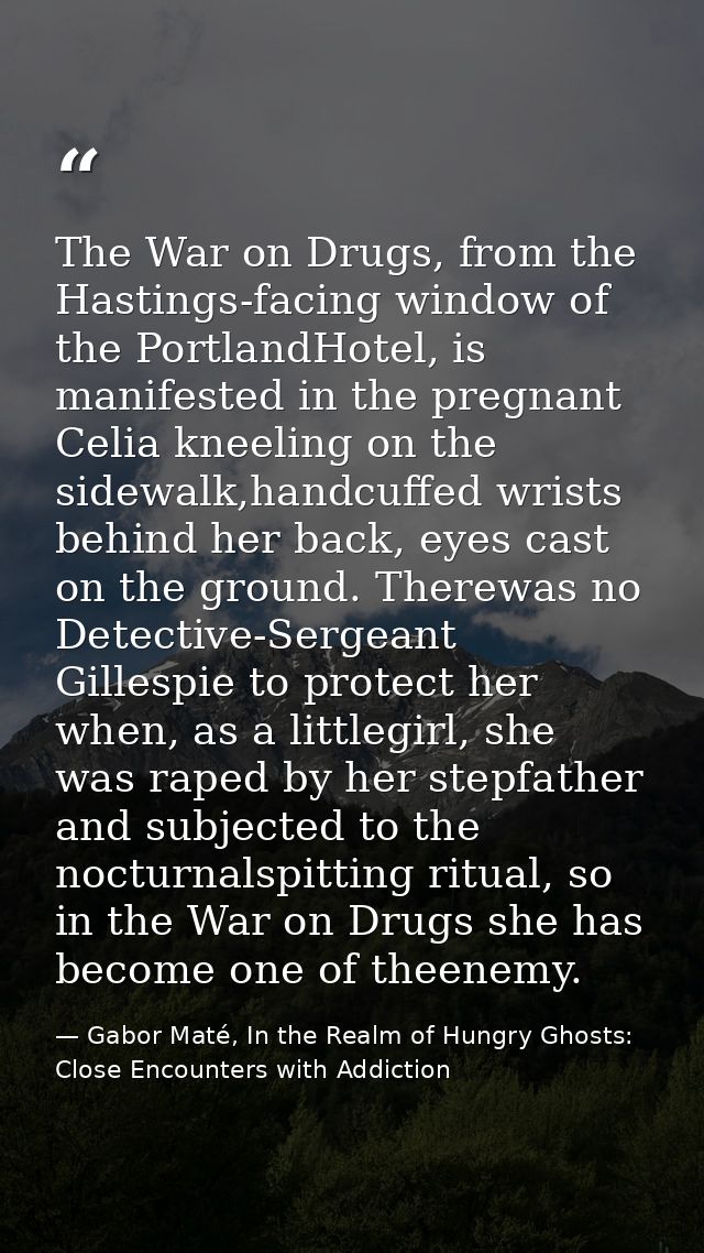 The War on Drugs, from the Hastings-facing window of the PortlandHotel, is manifested in the pregnant Celia kneeling on  — Gabor Maté, In the Realm of Hungry Ghosts: Close Encounters with Addiction