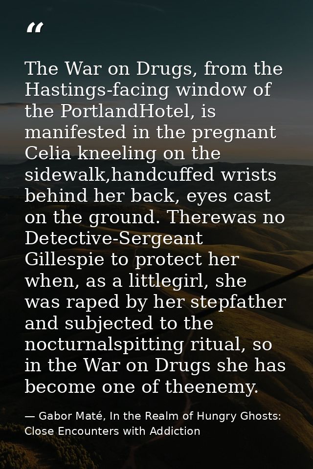 The War on Drugs, from the Hastings-facing window of the PortlandHotel, is manifested in the pregnant Celia kneeling on  — Gabor Maté, In the Realm of Hungry Ghosts: Close Encounters with Addiction