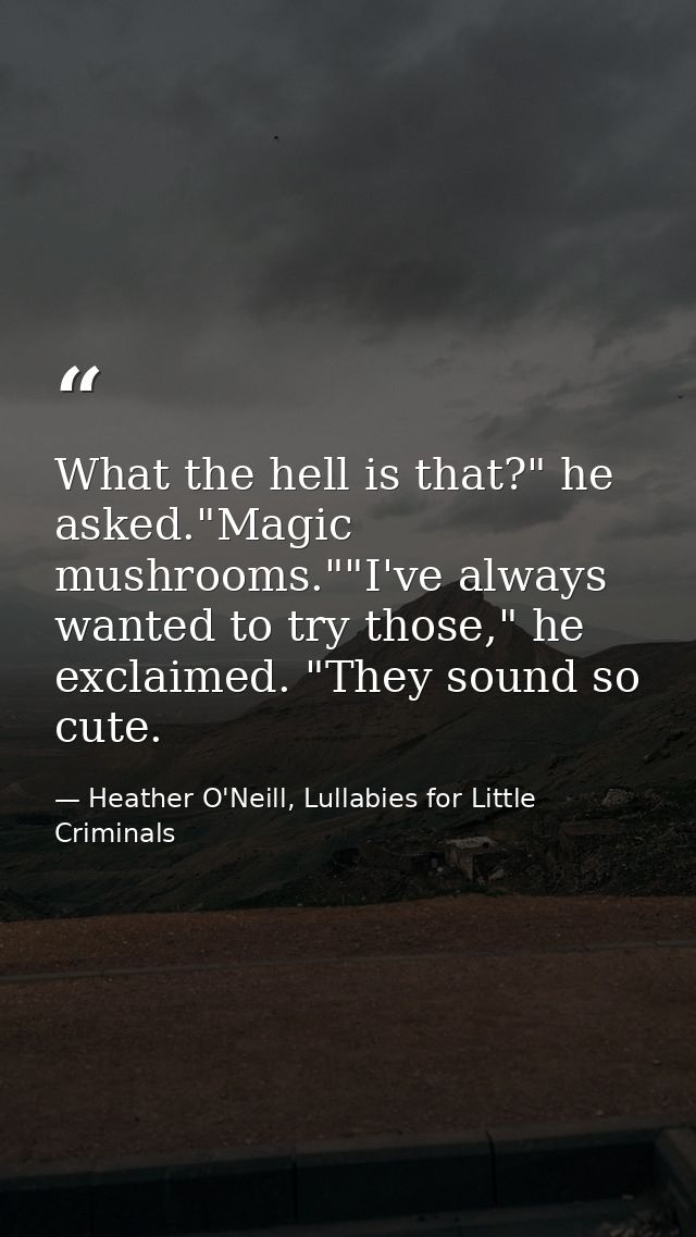 What the hell is that?" he asked."Magic mushrooms.""I've always wanted to try those," he exclaimed. "They sound so cute. — Heather O'Neill, Lullabies for Little Criminals