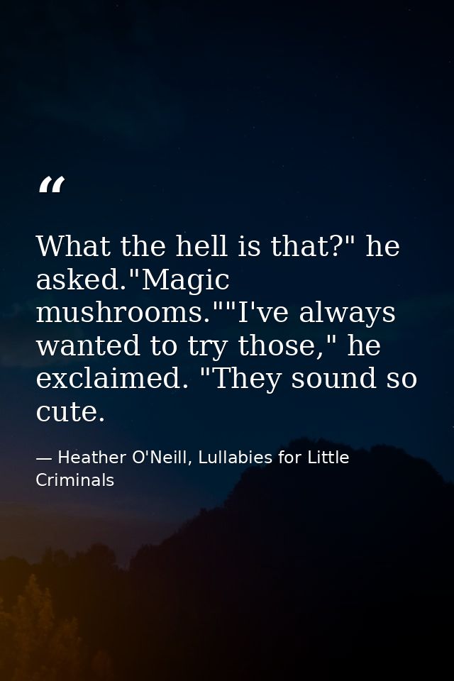 What the hell is that?" he asked."Magic mushrooms.""I've always wanted to try those," he exclaimed. "They sound so cute. — Heather O'Neill, Lullabies for Little Criminals