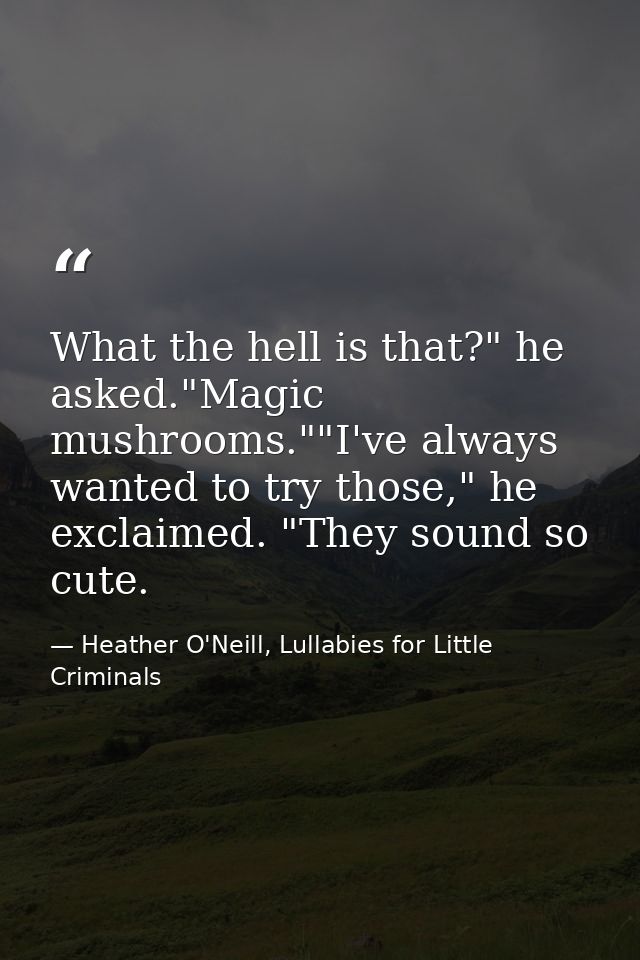 What the hell is that?" he asked."Magic mushrooms.""I've always wanted to try those," he exclaimed. "They sound so cute. — Heather O'Neill, Lullabies for Little Criminals