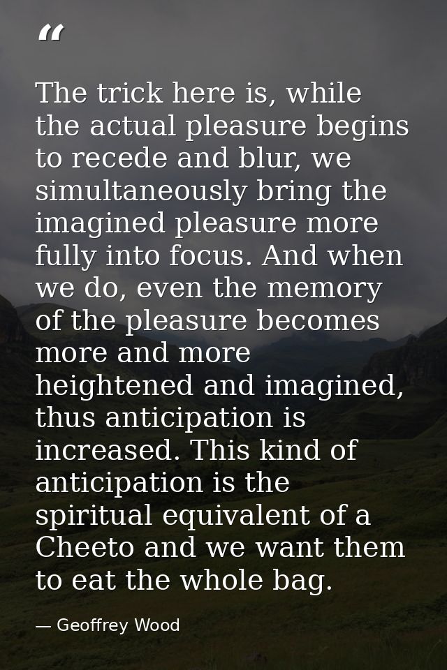 The trick here is, while the actual pleasure begins to recede and blur, we simultaneously bring the imagined pleasure mo — Geoffrey Wood
