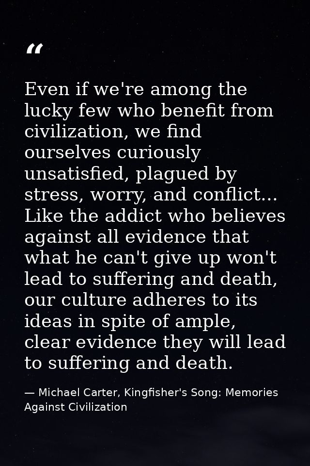 Even if we're among the lucky few who benefit from civilization, we find ourselves curiously unsatisfied, plagued by str — Michael Carter, Kingfisher's Song: Memories Against Civilization