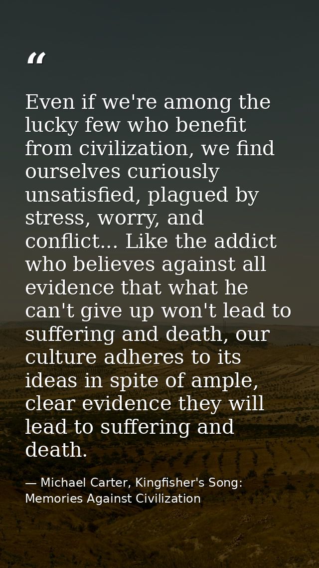 Even if we're among the lucky few who benefit from civilization, we find ourselves curiously unsatisfied, plagued by str — Michael Carter, Kingfisher's Song: Memories Against Civilization