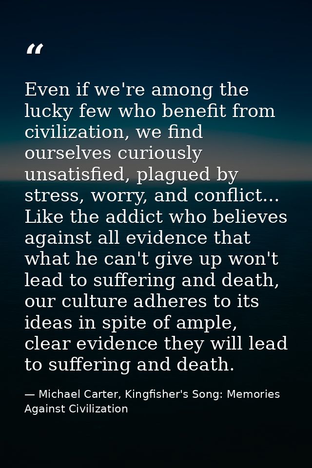 Even if we're among the lucky few who benefit from civilization, we find ourselves curiously unsatisfied, plagued by str — Michael Carter, Kingfisher's Song: Memories Against Civilization