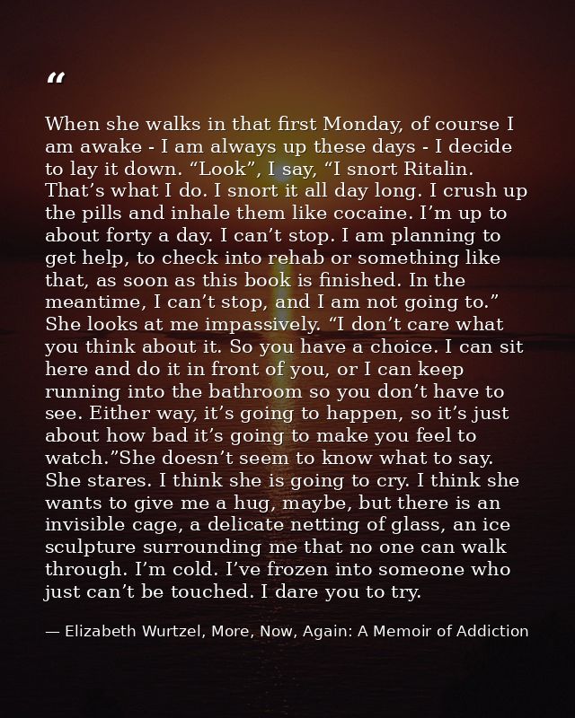 When she walks in that first Monday, of course I am awake - I am always up these days - I decide to lay it down. “Look”, — Elizabeth Wurtzel, More, Now, Again: A Memoir of Addiction