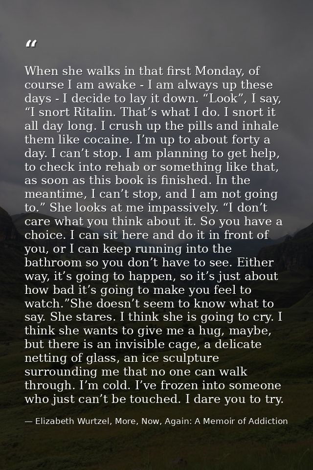 When she walks in that first Monday, of course I am awake - I am always up these days - I decide to lay it down. “Look”, — Elizabeth Wurtzel, More, Now, Again: A Memoir of Addiction