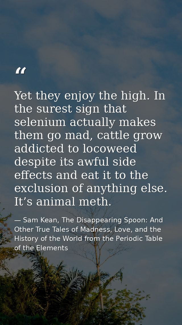 Yet they enjoy the high. In the surest sign that selenium actually makes them go mad, cattle grow addicted to locoweed d — Sam Kean, The Disappearing Spoon: And Other True Tales of Madness, Love, and the History of the World from the Periodic Table of the Elements