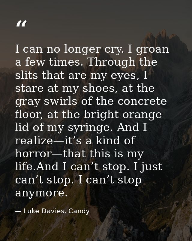I can no longer cry. I groan a few times. Through the slits that are my eyes, I stare at my shoes, at the gray swirls of — Luke Davies, Candy