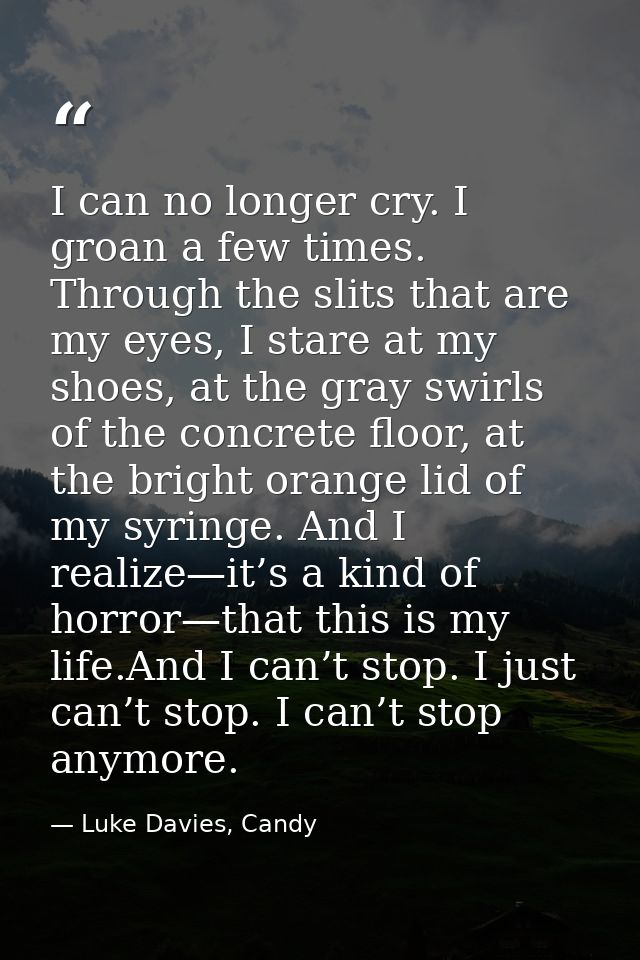 I can no longer cry. I groan a few times. Through the slits that are my eyes, I stare at my shoes, at the gray swirls of — Luke Davies, Candy