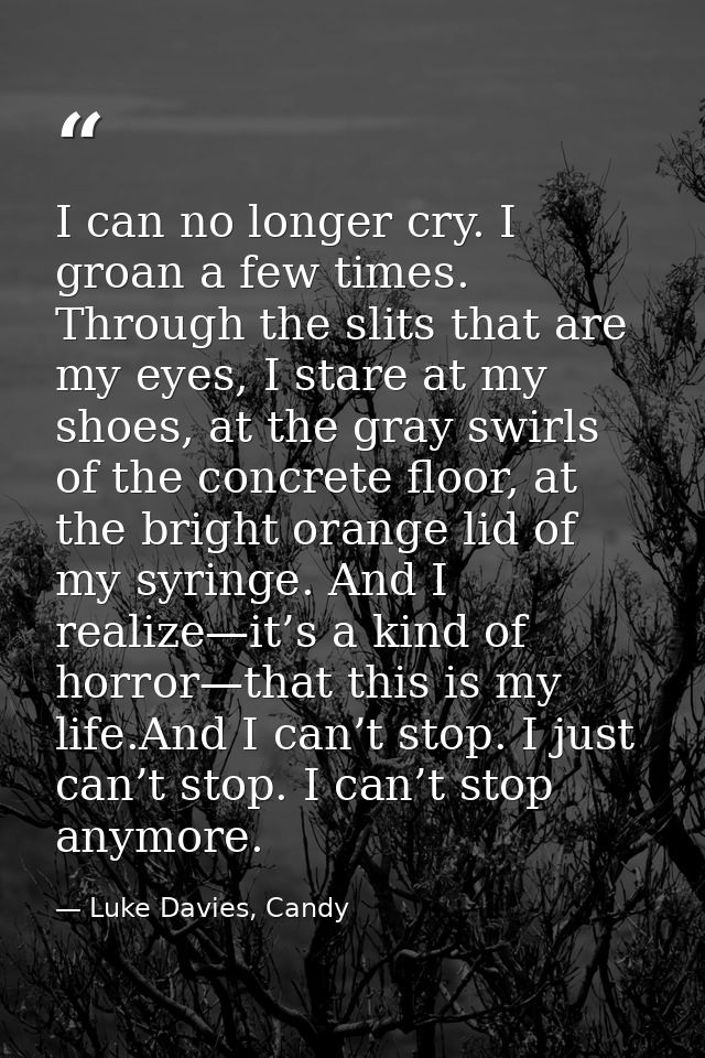 I can no longer cry. I groan a few times. Through the slits that are my eyes, I stare at my shoes, at the gray swirls of — Luke Davies, Candy