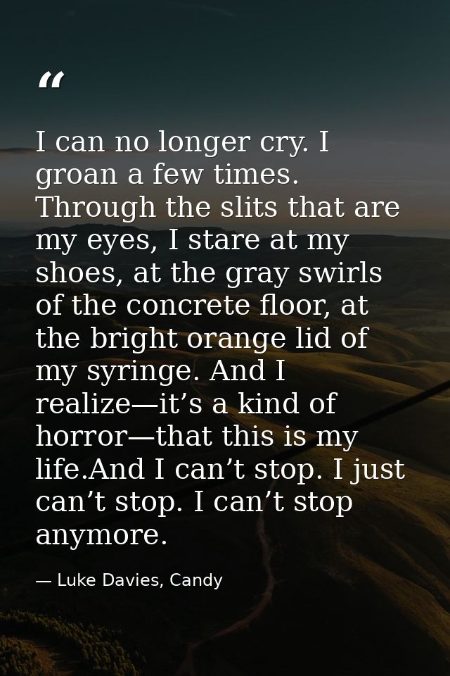 I can no longer cry. I groan a few times. Through the slits that are my eyes, I stare at my shoes, at the gray swirls of — Luke Davies, Candy