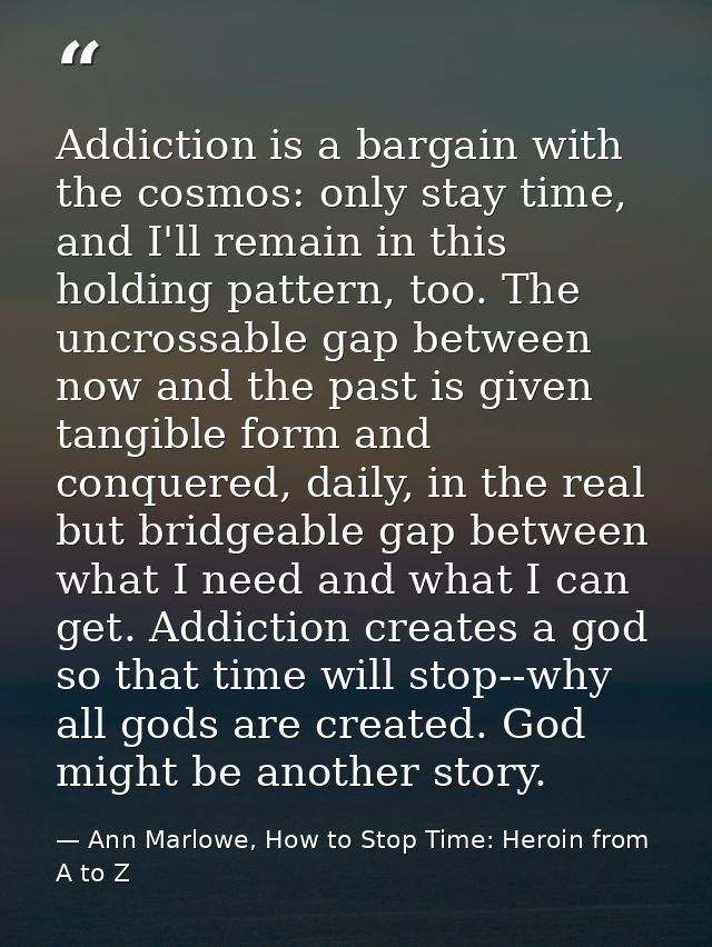 Addiction is a bargain with the cosmos: only stay time, and I'll remain in this holding pattern, too. The uncrossable ga — Ann Marlowe, How to Stop Time: Heroin from A to Z