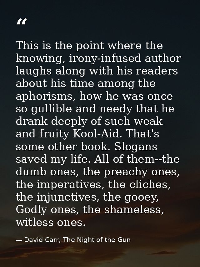 This is the point where the knowing, irony-infused author laughs along with his readers about his time among the aphoris — David Carr, The Night of the Gun