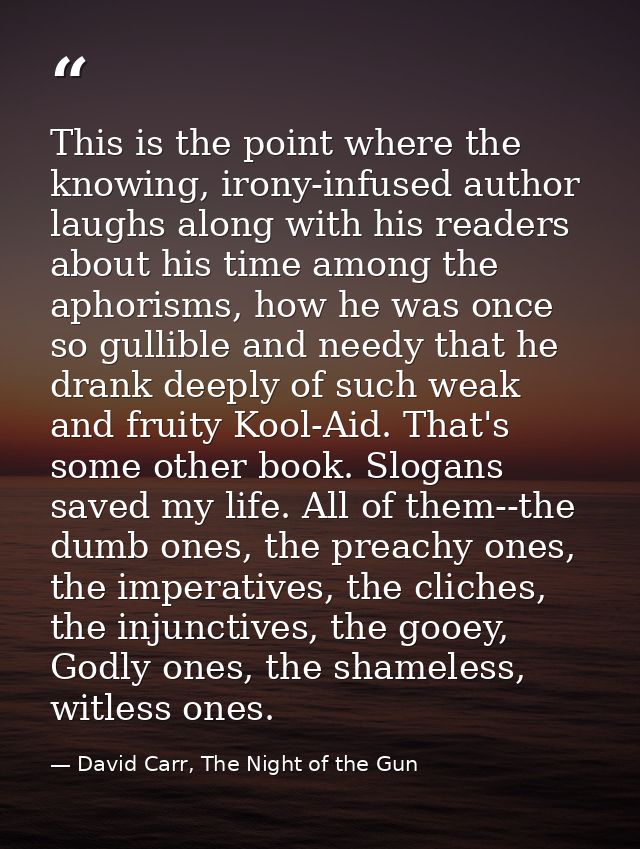 This is the point where the knowing, irony-infused author laughs along with his readers about his time among the aphoris — David Carr, The Night of the Gun