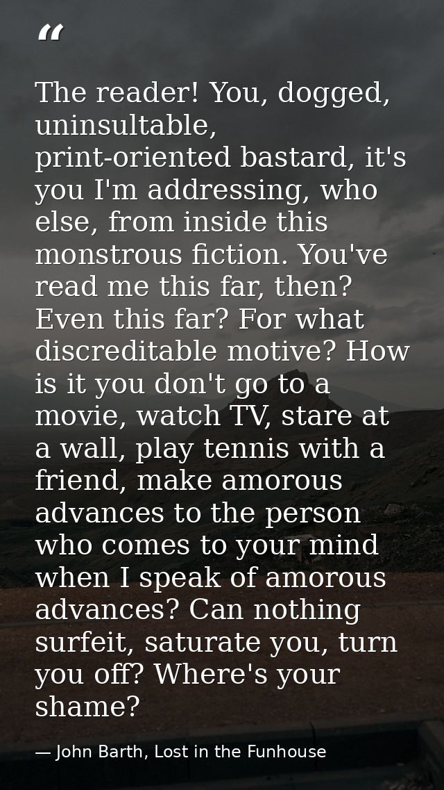 The reader! You, dogged, uninsultable, print-oriented bastard, it's you I'm addressing, who else, from inside this monst — John Barth, Lost in the Funhouse
