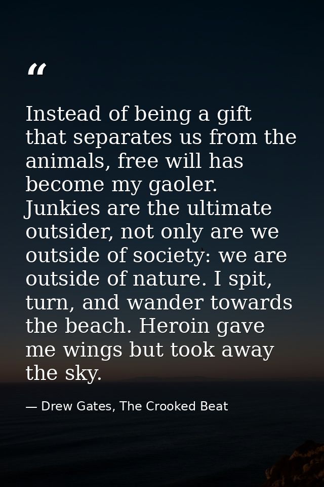 Instead of being a gift that separates us from the animals, free will has become my gaoler. Junkies are the ultimate out — Drew Gates, The Crooked Beat