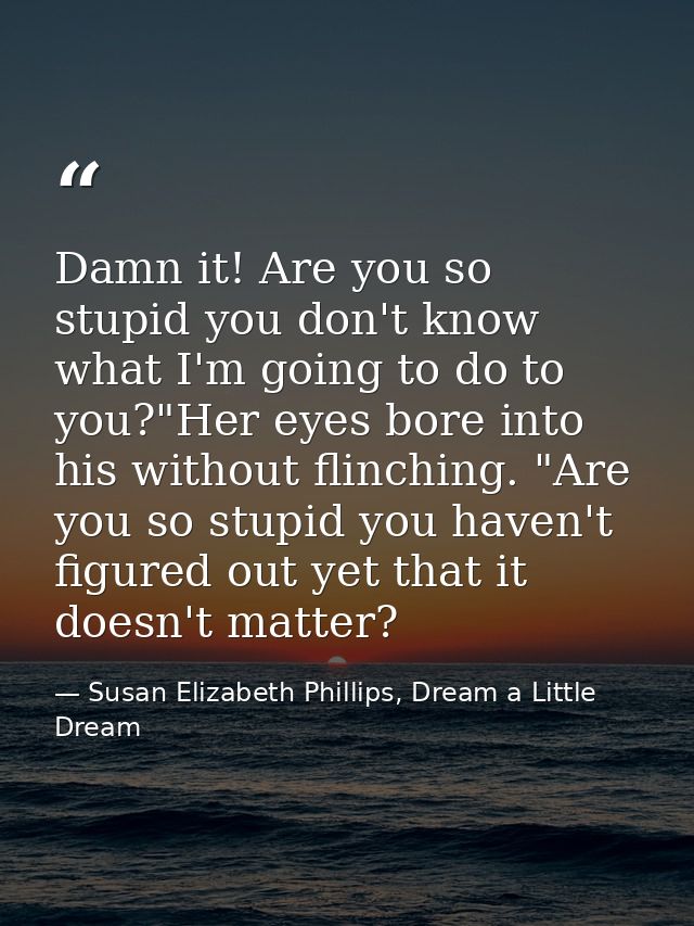 Damn it! Are you so stupid you don't know what I'm going to do to you?"Her eyes bore into his without flinching. "Are yo — Susan Elizabeth Phillips, Dream a Little Dream
