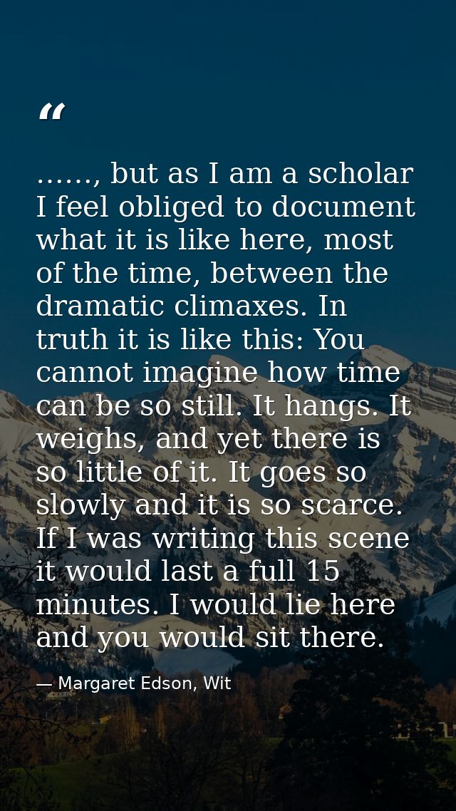 ……, but as I am a scholar I feel obliged to document what it is like here, most of the time, between the dramatic climax — Margaret Edson, Wit