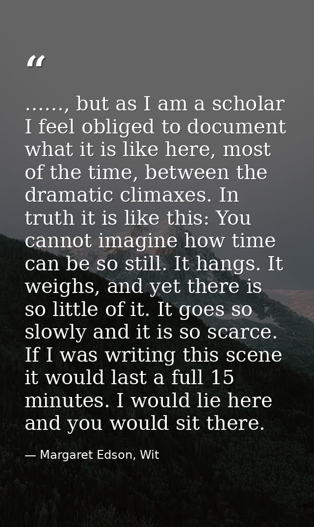 ……, but as I am a scholar I feel obliged to document what it is like here, most of the time, between the dramatic climax — Margaret Edson, Wit