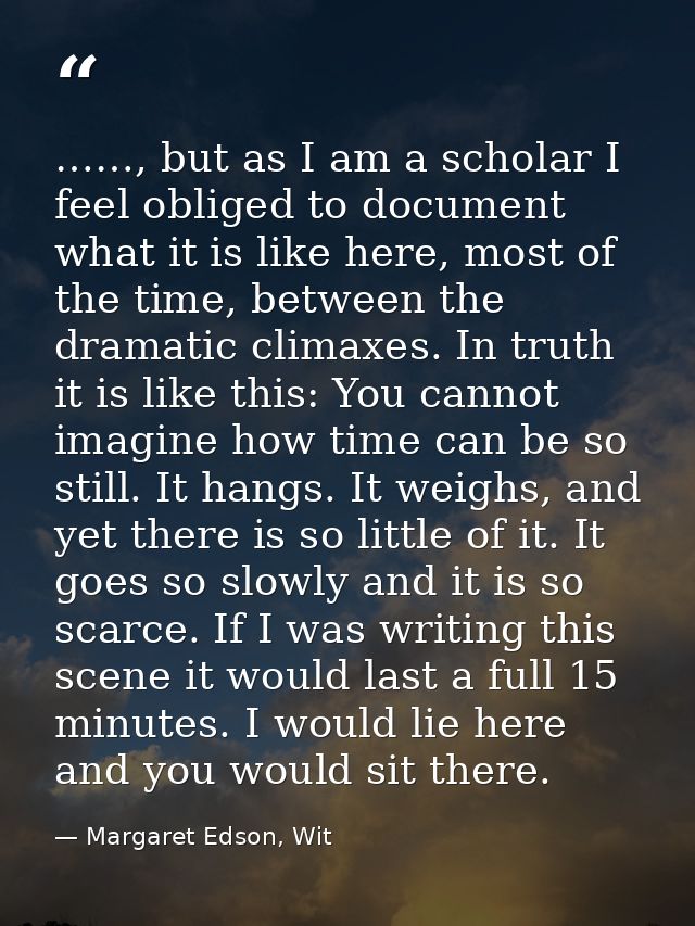 ……, but as I am a scholar I feel obliged to document what it is like here, most of the time, between the dramatic climax — Margaret Edson, Wit