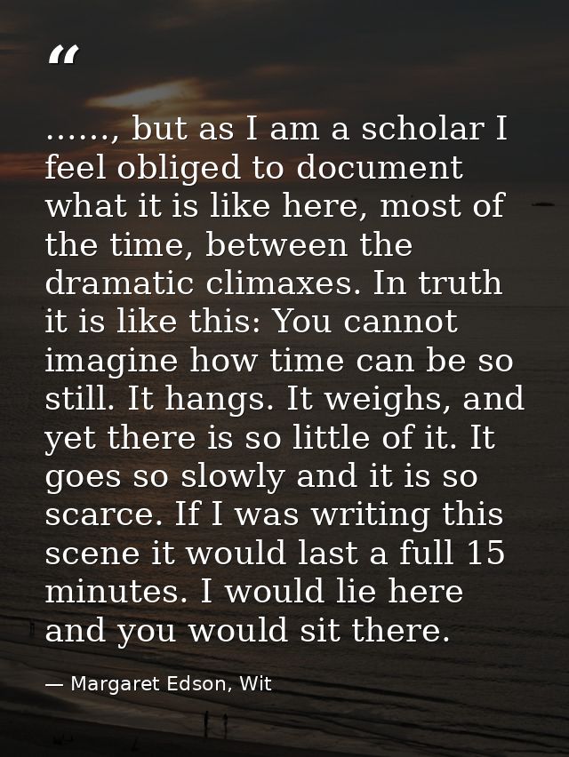 ……, but as I am a scholar I feel obliged to document what it is like here, most of the time, between the dramatic climax — Margaret Edson, Wit