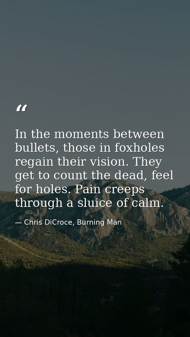 In the moments between bullets, those in foxholes regain their vision. They get to count the dead, feel for holes. Pain  — Chris DiCroce, Burning Man