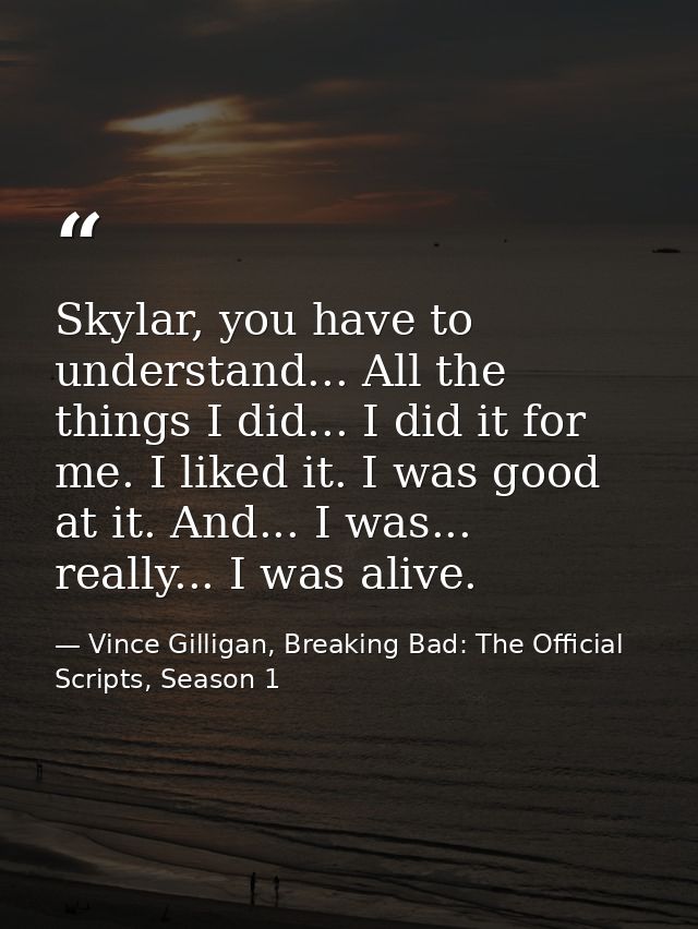 Skylar, you have to understand... All the things I did... I did it for me. I liked it. I was good at it. And... I was... — Vince Gilligan, Breaking Bad: The Official Scripts, Season 1