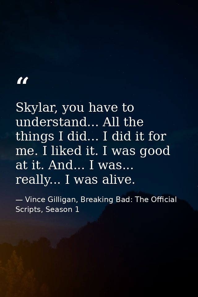 Skylar, you have to understand... All the things I did... I did it for me. I liked it. I was good at it. And... I was... — Vince Gilligan, Breaking Bad: The Official Scripts, Season 1
