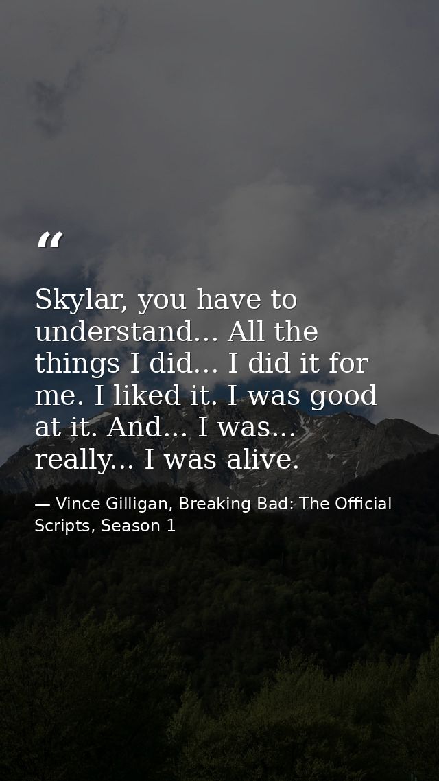 Skylar, you have to understand... All the things I did... I did it for me. I liked it. I was good at it. And... I was... — Vince Gilligan, Breaking Bad: The Official Scripts, Season 1